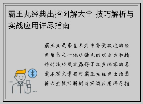 霸王丸经典出招图解大全 技巧解析与实战应用详尽指南
